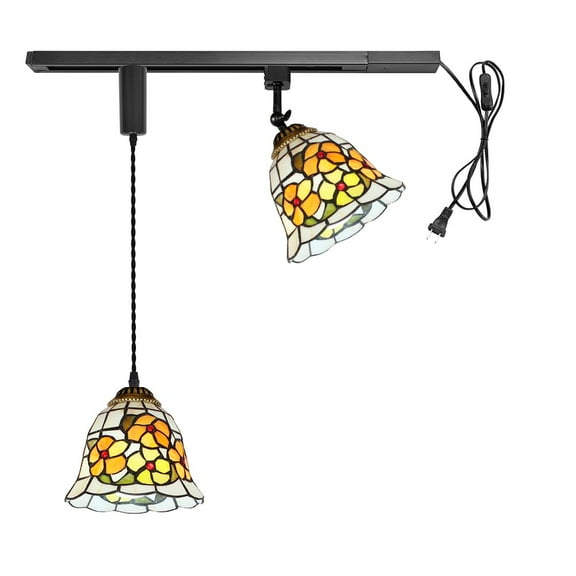 KAYYELAMP 1x Plug in Cable Track Rail, 1X Adjustable Cord, 1x Adjustable Angle Flowers Pattern Handmade Glass H-Type Tiffany Track Lighting Fixture for Kitchen Loft(No Bulb)
