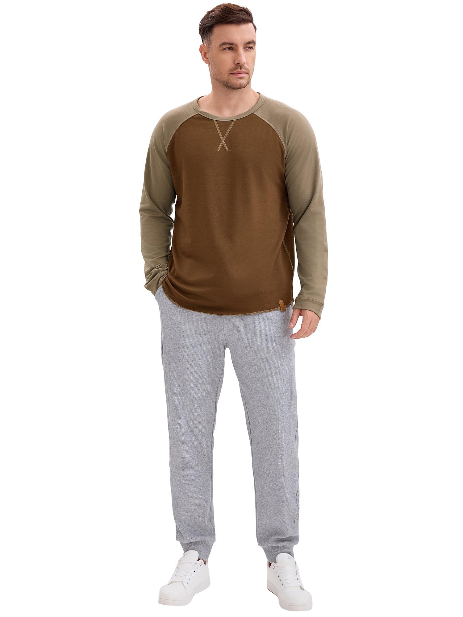 DARING DIVA Men's Long Sleeve Color Block Casual Raglan T-Shirt 2XL Brown Khaki