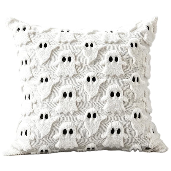 Halloween Throw Pillow Cover, White Faux Fur Embroidered Ghost, 1 Piece 18.0 x 18.0 Inch, Halloween Holiday Decorative Cushion Cover for Sofa Couch Living Room Bedroom Party Decoration