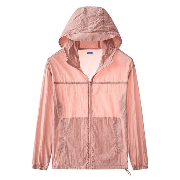 Xfvqtps Mens Light Jacket Hoodie with Brim Sun Protection Full Zip up Long Sleeve Summer Coat for Fishing Hiking Athletic Running Pink
