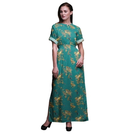

Bimba Rayon Black Berry & Yellow Sparrow Bird Printed Womenâ€™s Long MaxiÂ DressÂ Gown With Side Slit-Medium