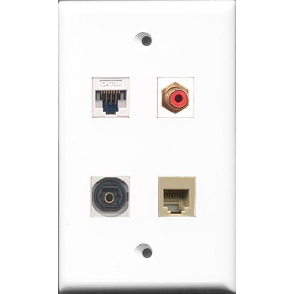 RiteAV 1 Port RCA Red and 1 Port Phone RJ11 RJ12 Beige and 1 Port Toslink and 1 Port Cat5e Ethernet White Wall Plate