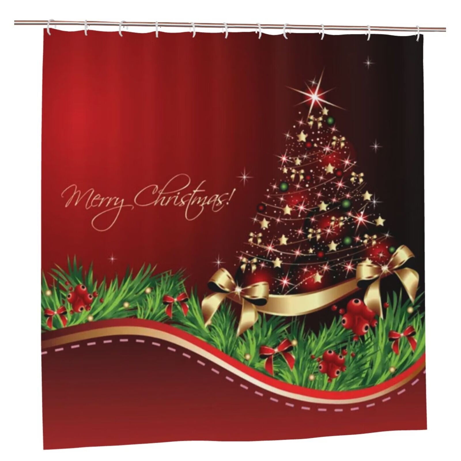 Merry Christmas Shower Curtain, christmas tree Shower Curtains With 12 Hooks, Christmas Shower
