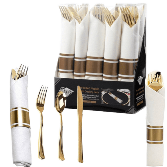 Décor: 40-Piece Pre-Rolled Gold Cutlery & Napkin COMBO Set – Perfect for Weddings, Parties, & Events-Setting for 10