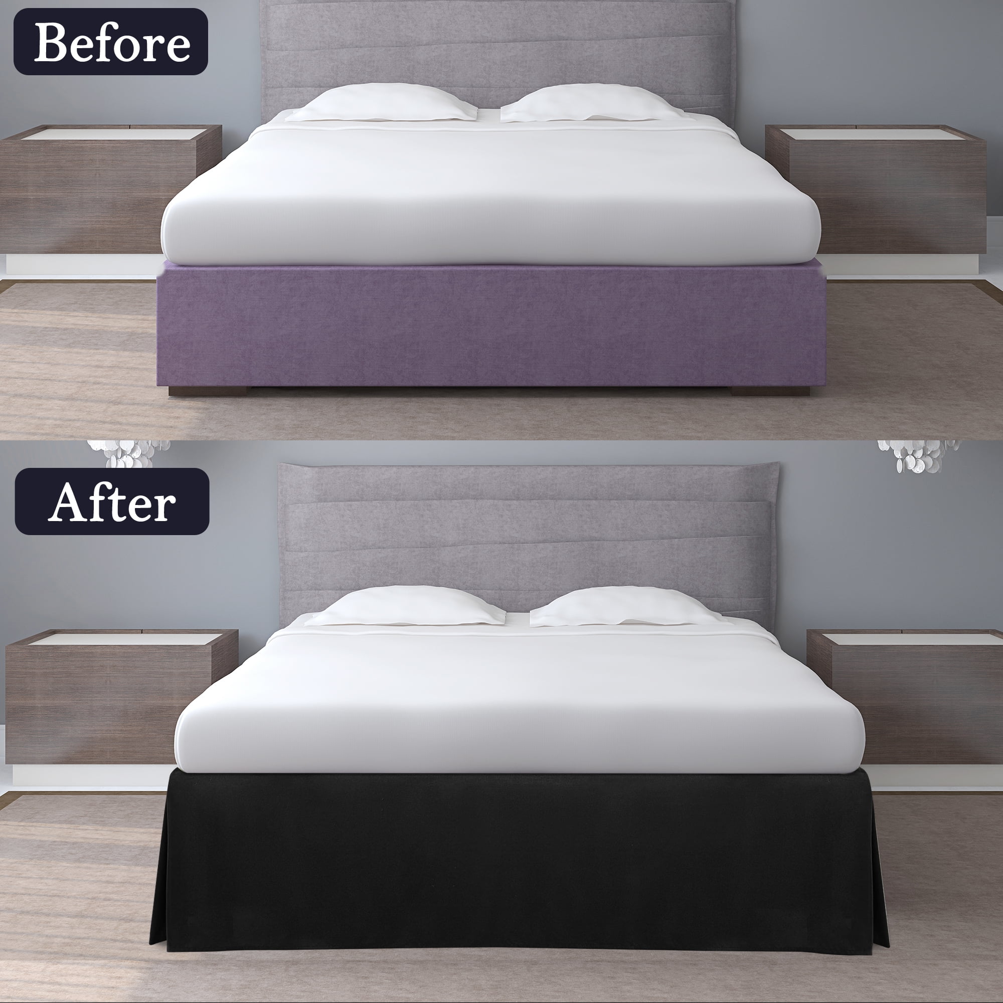 PiccoCasa Pleated Bed Skirt Classic Tailored Styling Dust Ruffled 14" Drop, Queen Black