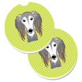 thumbnail image 1 of Checkerboard Lime Green Saluki Set of 2 Cup Holder Car Coaster, 1 of 1