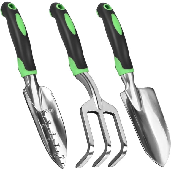 Garden Tool Set, 3 Pack Heavy Duty Gardening Hand Tools with Non-Slip Rubber Handles, Aluminum Alloy Gardening Tool Include Garden Shovel, Transplant Trowel and Hand Rake