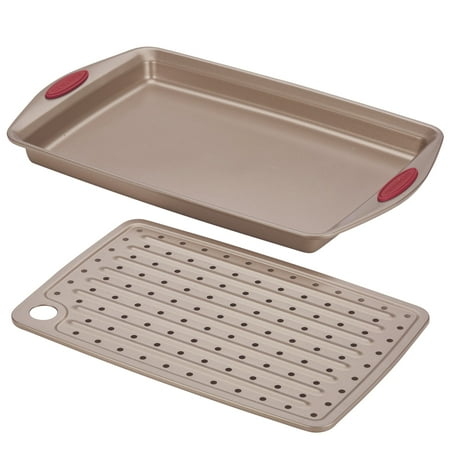 Rachael Ray - 2-Piece Nonstick Bakeware Crisper Pan Set - Latte Brown with Cranberry Red Handle Grips