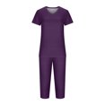 thumbnail image 4 of cfhntfmh Womens Pajama Sets Casual V Neck Short Sleeve Basic T-Shirts Loose Capri Pants Sleepwear with Pockets 2 Piece Pjs Sets, 4 of 6