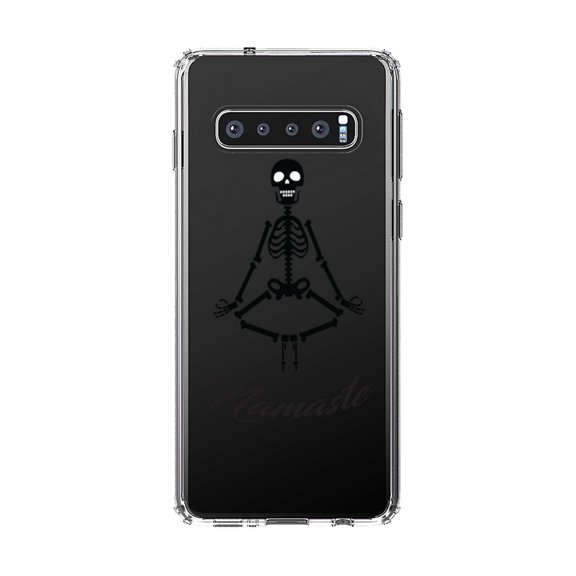 DistinctInk Clear Shockproof Hybrid Case for Samsung Galaxy S10 (6.1" Screen) - TPU Bumper, Acrylic Back, Tempered Glass Screen Protector - Namaste Yoga Skeleton