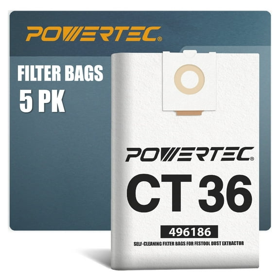 POWERTEC 5PK Shop Vacuum Bags for Festool CT 36 Dust Extractor, Replacement Fleece Filter Bags for Festool 496186 Shop Vacuum Dust Collection Bags, Shop Vacuum Accessories for Festool (75038)