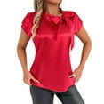 thumbnail image 1 of GPOECD Blouse pour Femmes Élégante à Col Nœud en Satin à Manches Courtes Été Printemps avec Col en Ruban Hauts pour Femmes Chic Décontracté Rouge,m, 1 of 8