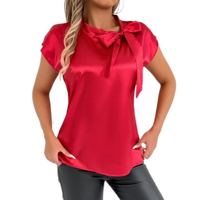 GPOECD Blouse pour Femmes Élégante à Col Nœud en Satin à Manches Courtes Été Printemps avec Col en Ruban Hauts pour Femmes Chic Décontracté Rouge,m