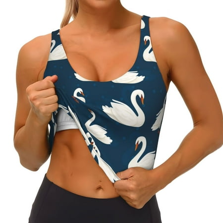 Qokaie White Swam Pattern Womens Scoop Neck Sports Bra Breathable Workout Vest Padded U Back Medium Impact Fitness Gym Yoga Bra Workout Crop Top