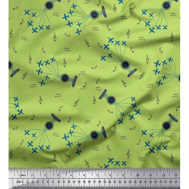 Soimoi Tissu Crêpe Polyester Avion, Guitare Fil & Notes Instrument de Musique Tissu au Mètre 52 Pouces de Large