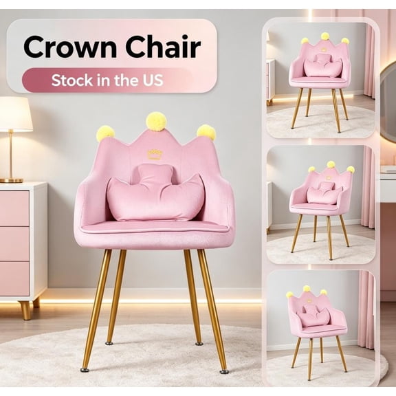 Fompes Crown-shaped Armchair,Pink Ergonomic Velvet Fabric Wingback Armchair,Upholstered Reading Chair with Pillow,Wide Seat for Living Room, Bedroom