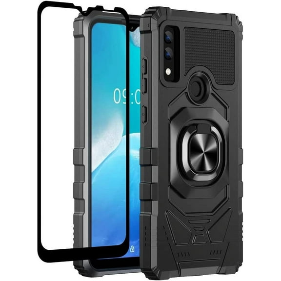 Compatible for AT&T Maestro 3 Case w/Tempered Glass Screen Protector [Military Grade] Ring Car Mount Kickstand Shockproof Hard Phone Case - Black