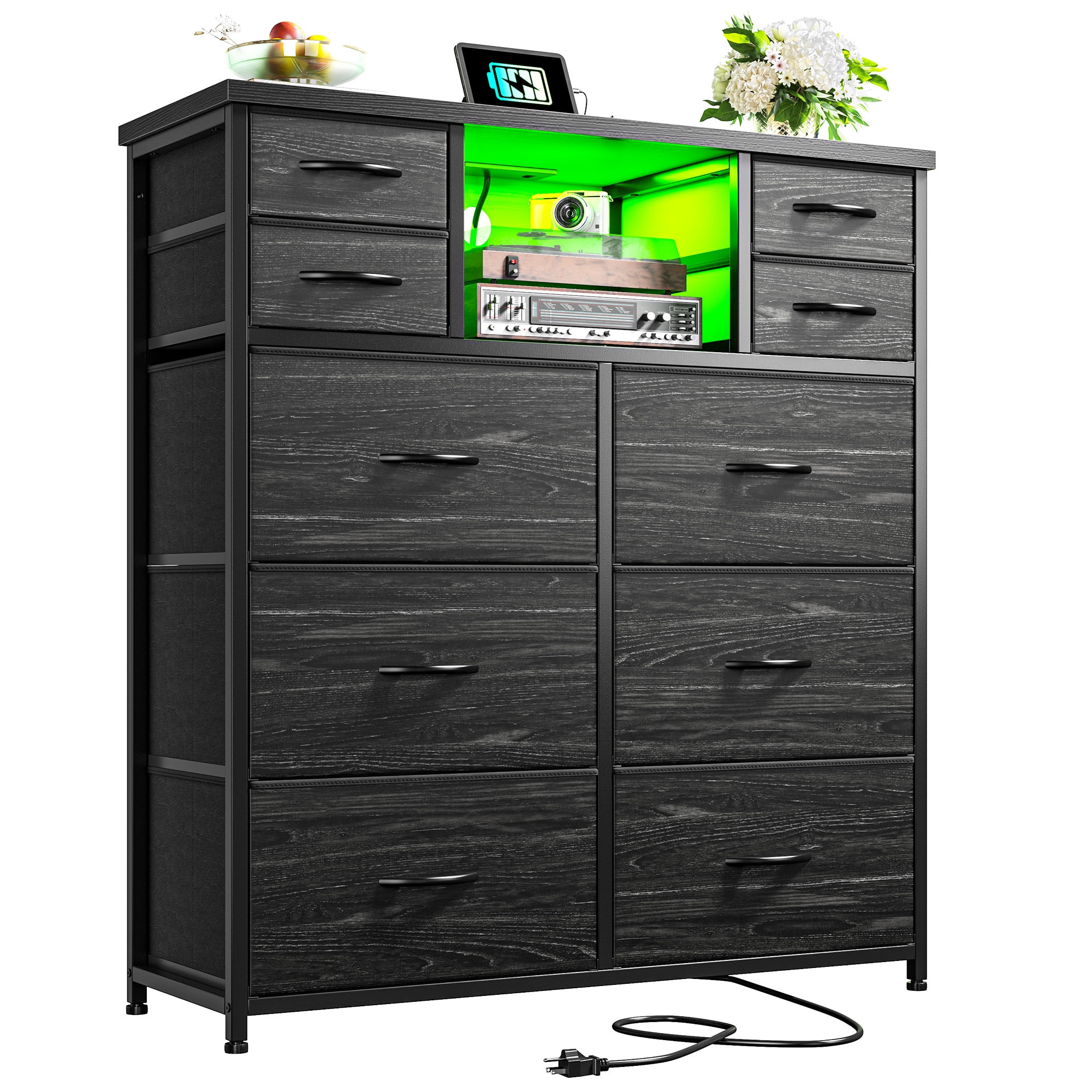 Romorgniz Tall Dresser for Bedroom with 10 Drawers Featuring LED Lights & Power Outlet Fabric Dressers & Chest of Drawers with Open Shelves, Black