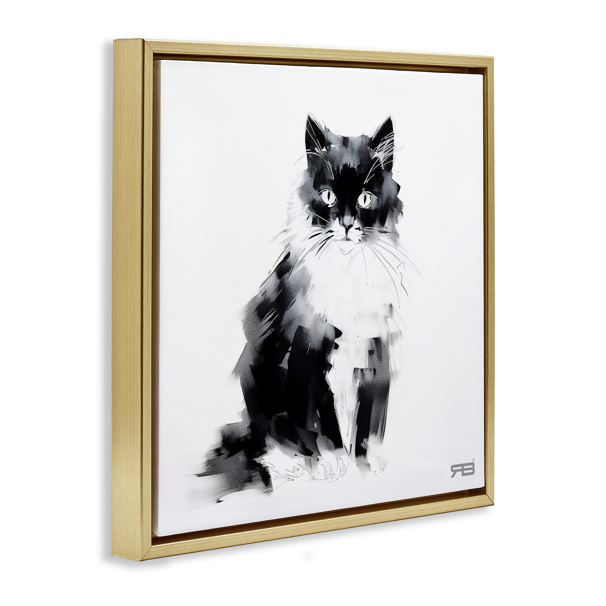 Stupell Industries Abstract Black & White Cat Animals & Insects Painting Gold Floater Framed Canvas Art Print Wall Art, 25 x 25