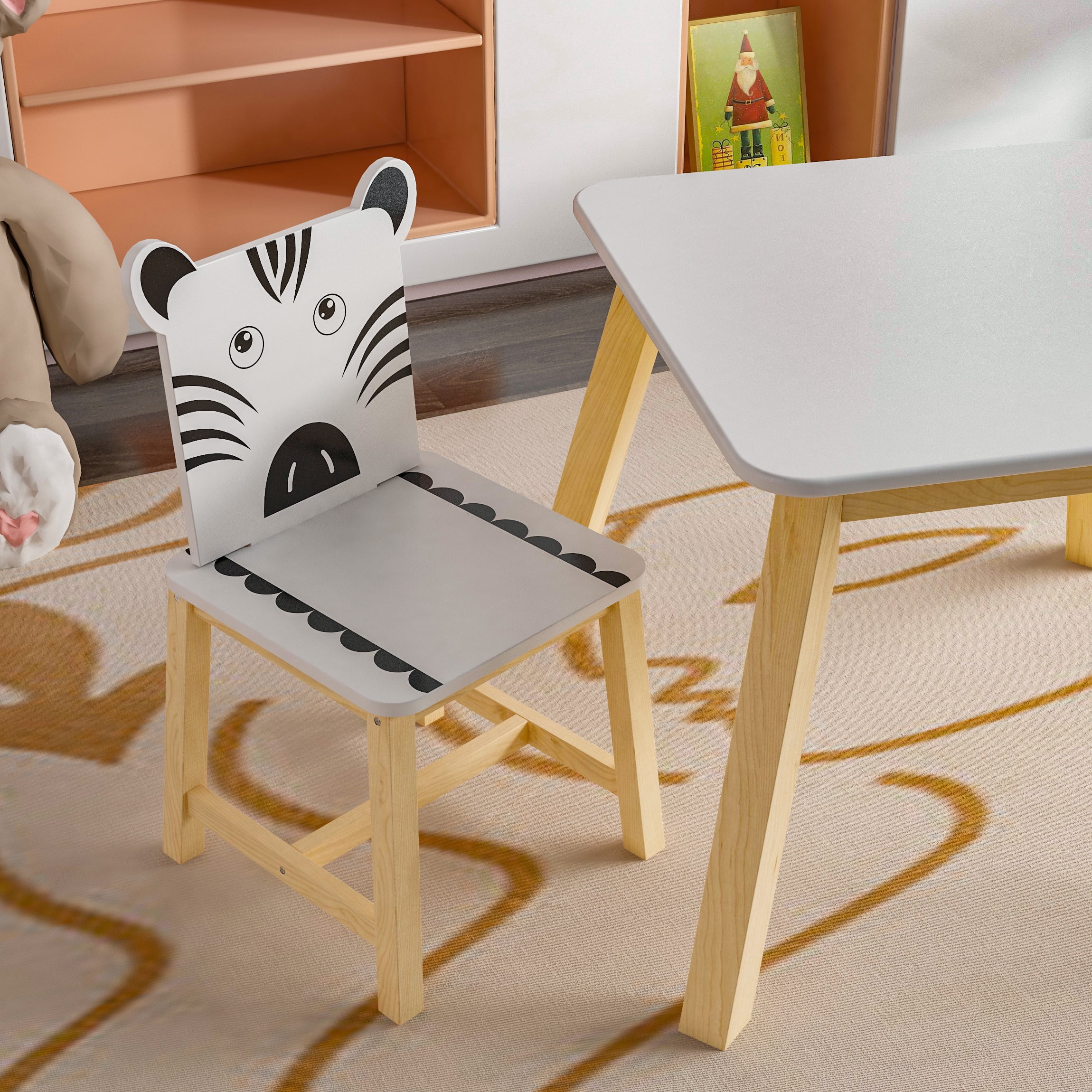 SYNGAR Wood Table and Cartoon Animals Chairs Set, 5 Pieces Home Furniture for Kids Toddlers, Activity Table and 4 Multicolor Chairs Set, for Arts/Crafts/Drawing/Writing/Reading, D5426