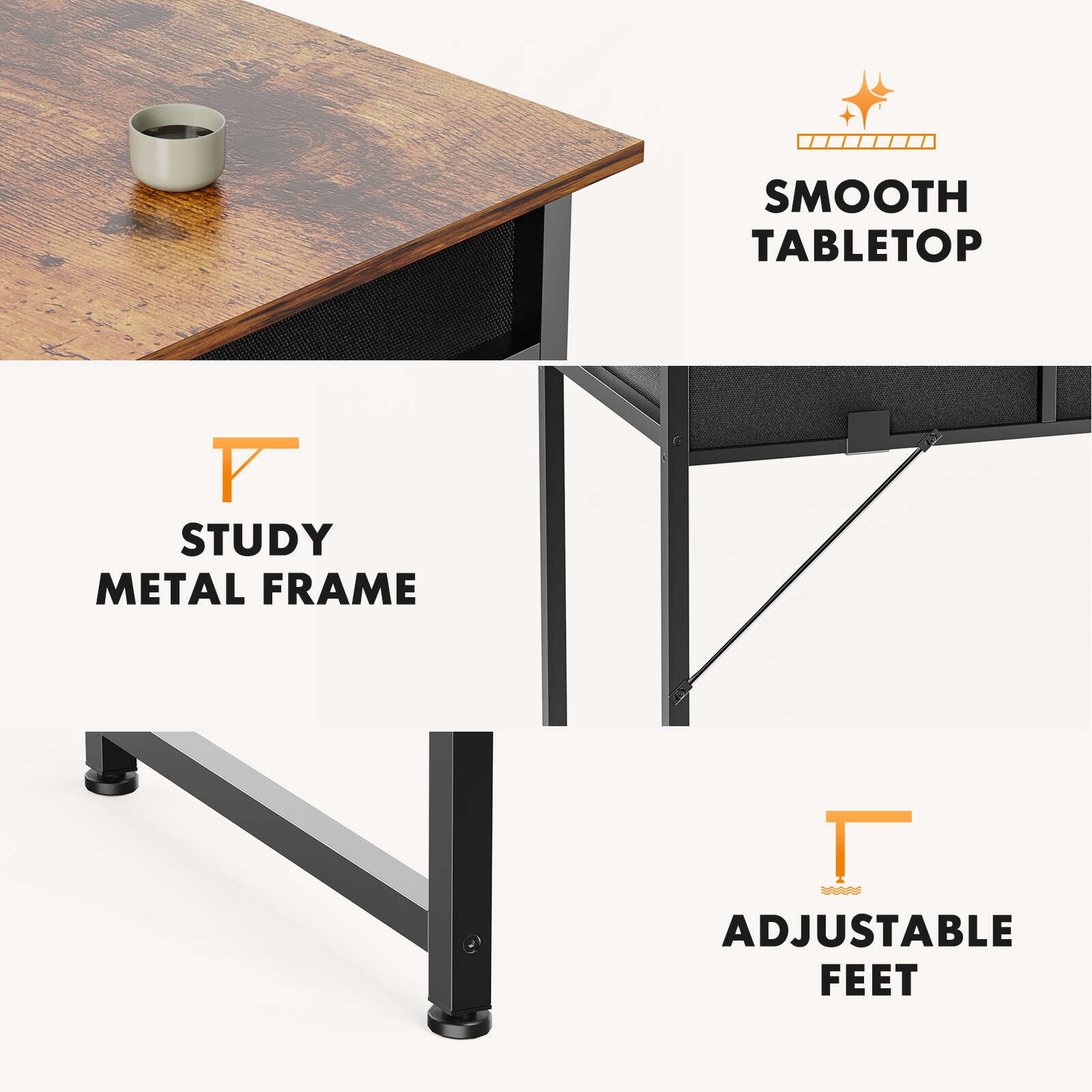 Gianna 32 Inch Desk with 2 Drawers Home Office Computer PC Table with Fabric Storage Bag, Study Writing Wood Deskboard for Small Spaces,Rust Brown