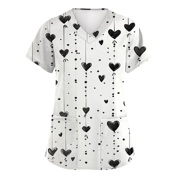 Womens Valentine Scrub Tops Short Sleeve V Neck Tshirts Fashion Valentines Shirt Graphic Tees Nursing Work Shirts White 3XL