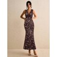 thumbnail image 4 of Brown Ditsy Floral Lace V-Neck Sleeveless Fitted Mermaid Hem Maxi Dress, 4 of 8