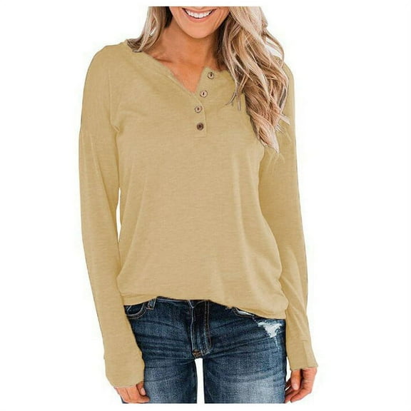 Women's Long Sleeve Casual Tops Button V Neck Solid Color Tunic Sweater Top Fall Winter Trendy Blouses Sweatershirt(X-Large,Yellow)