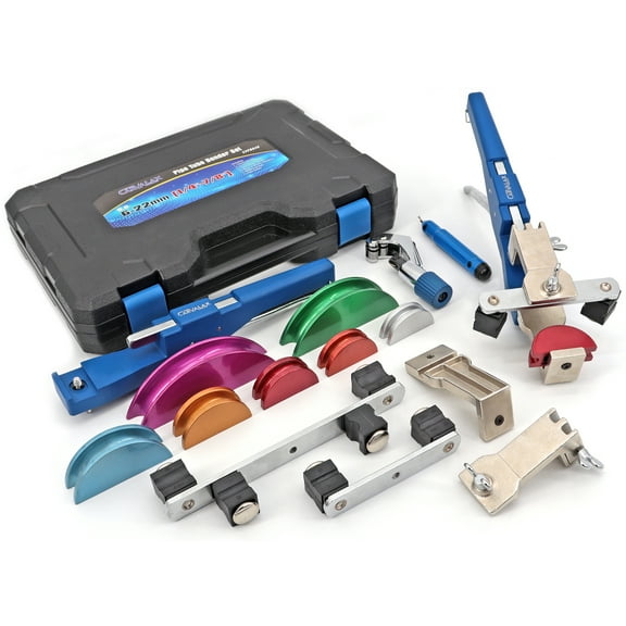 90° Ratcheting Tube Bender Kit - 7 Color-Coded Aluminum Heads for 1/4" to 7/8" Pipes, Reverse-Bend Adapters & Portable Toolbox, Tube Cutter & Deburring for HVAC/Hydraulic Projects (Blue）