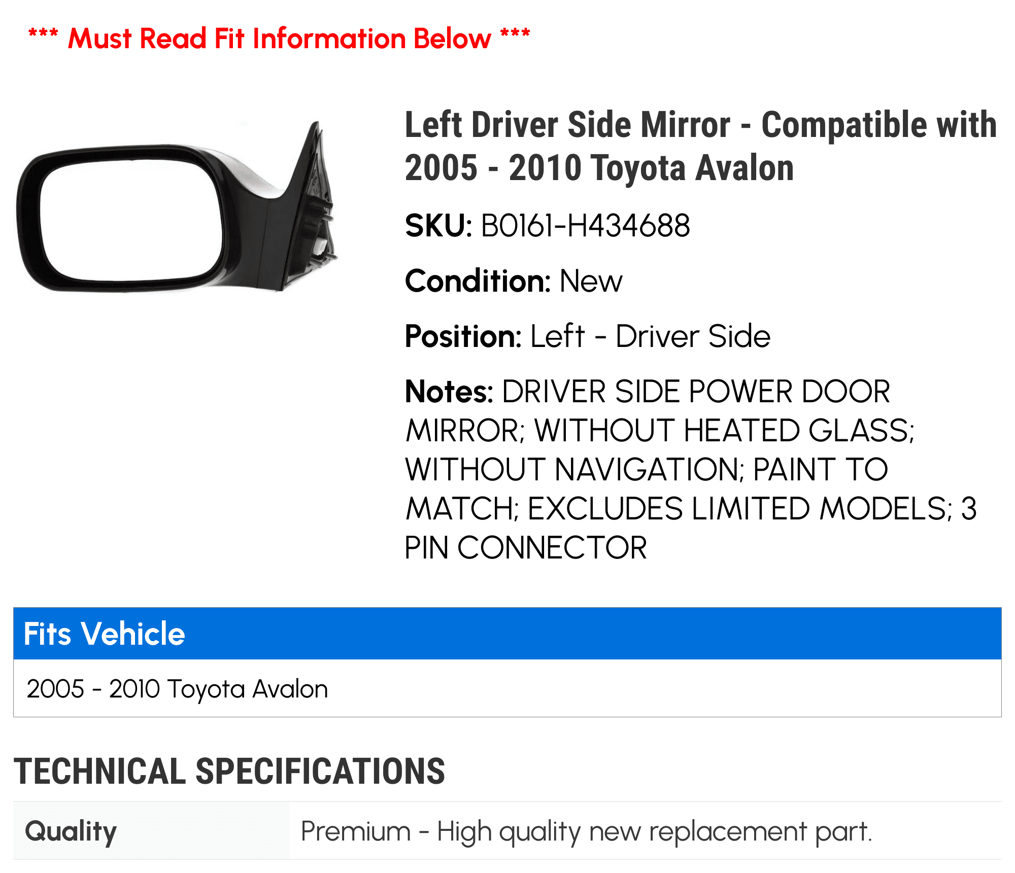 Left Driver Side Mirror - Compatible with 2005 - 2010 Toyota Avalon 2006 2007 2008 2009