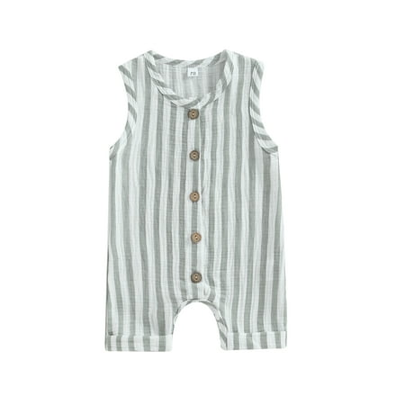 

Thaisu 0-24M Infant Newborn Baby Boy Girl Summer Romper Sleeveless Striped Printed Crew Neck Jumpsuit