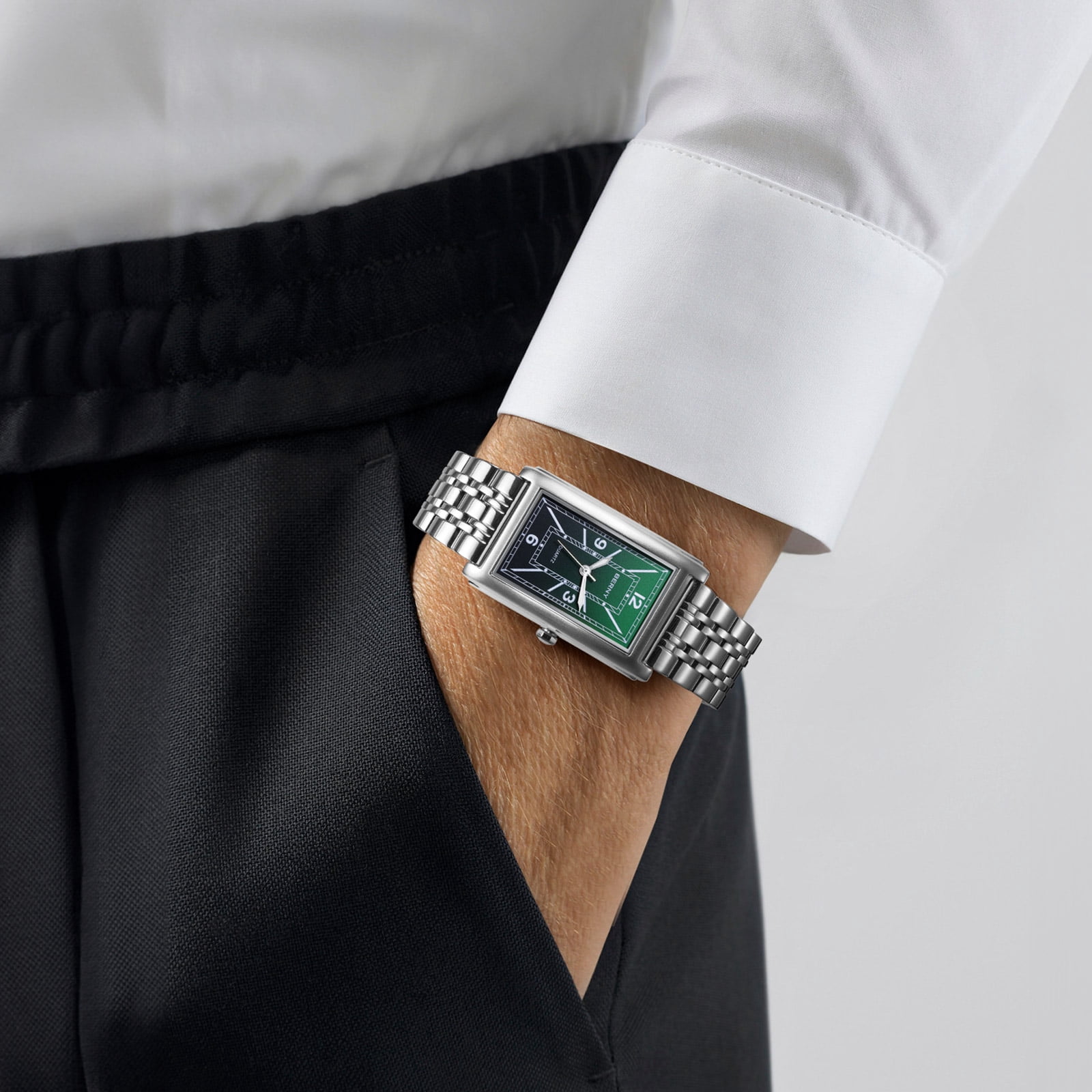 BERNY Rectangular Silver Watch for Men, Fashion Waterproof Analog Quartz Wristwatch, Stainless Steel, Luminous, Arabic Numeral, Business Dress Men's Watches (Green)