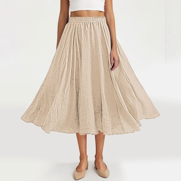 Mifsaly Linen Skirts for Women Midi Length A Line High Waist Flowy Skirt Solid Color Pleated Casual Summer Travel Vacation Clothes Free Size