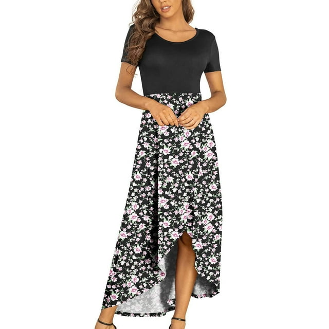 SMihono Robe Bohème d'Été pour Femmes Grande Taille Robes d'Été pour Femmes Robe à Manches Courtes Décontractée Fluide Asymétrique Longue Robe Maxi