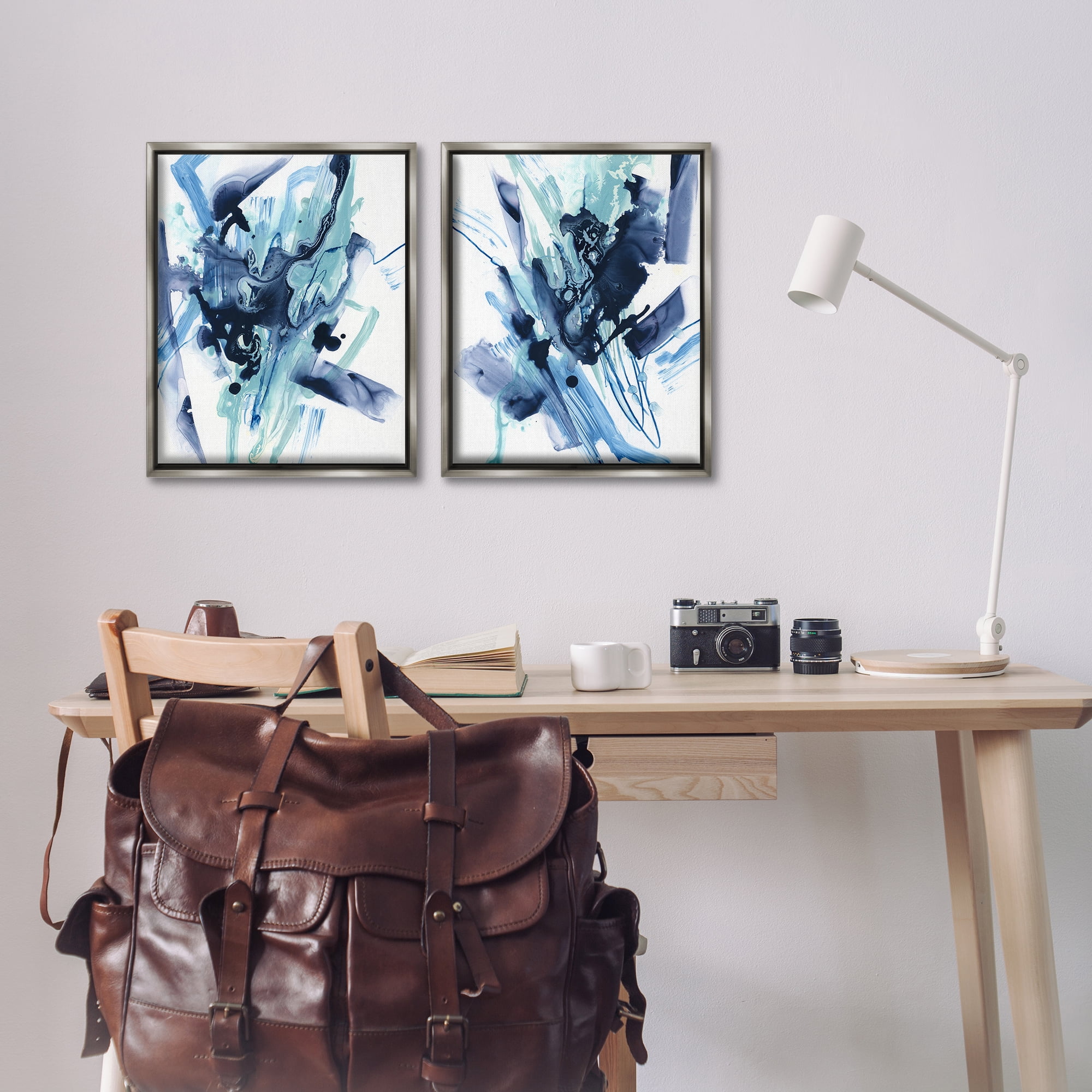 Stupell Industries Abstract Blue Splash Abstract Painting Gray Floater Framed Canvas Art Print Wall Art, 17 x 21, Set of 2