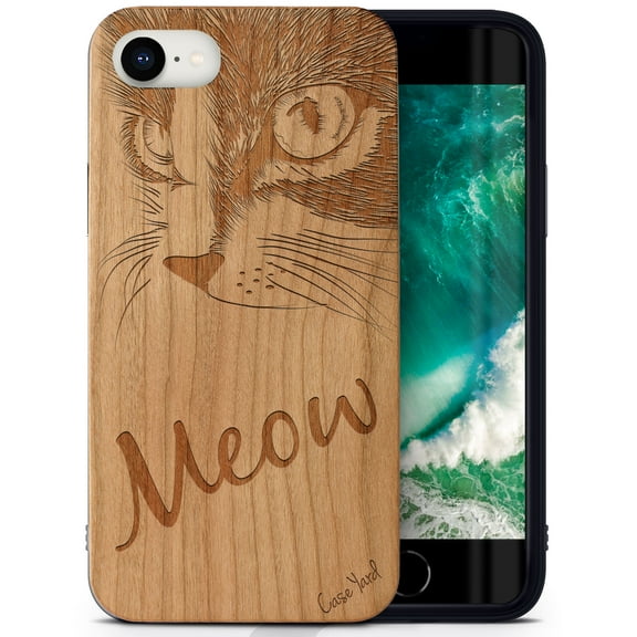 Case Yard Wooden Case Outside Soft TPU Silicone, Slim Fit Shockproof Wood Protective Phone Cover for Girls Boys Men and Women, Supports Wireless Charging Meow Design case for iPhone-SE