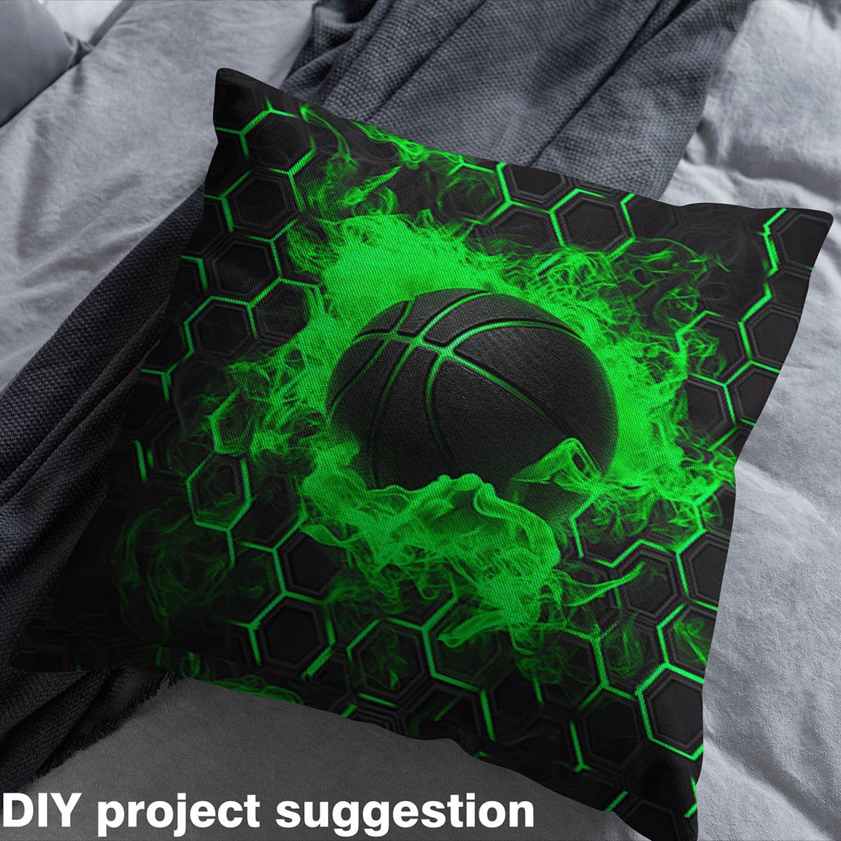 Feelyou 3D Basketball Kids Fabric by the Yard 2 Yards, Black Green Room Decor Fabric by the Yard, Honeycomb Geometric Fabric for Sewing, Lightweight Room Decor