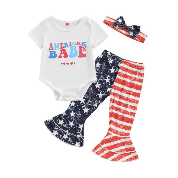 Okbabeha Baby Girl 4th of July Outfit 3 6 9 12 18 Months Letter  one-piece  Romper StripeStar Flag Flare Pants Headband Set