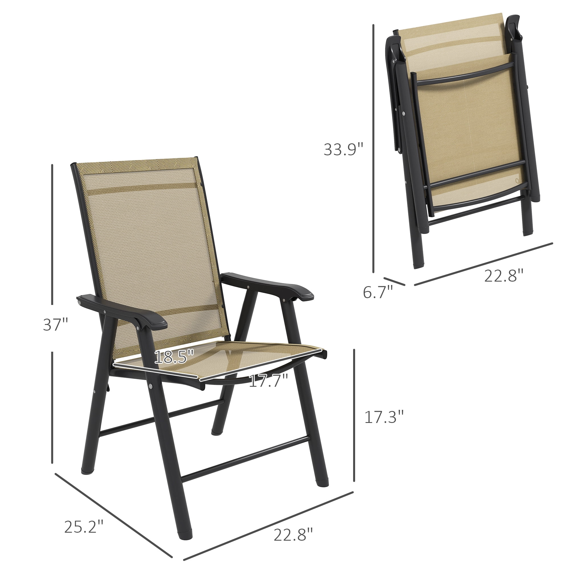 Set of 4 Patio Folding Chairs, Stackable Outdoor Sling Patio Dining Chairs with Armrests for Lawn, Camping, Dining, Beach, Metal Frame, No Assembly, Light Mixed Brown