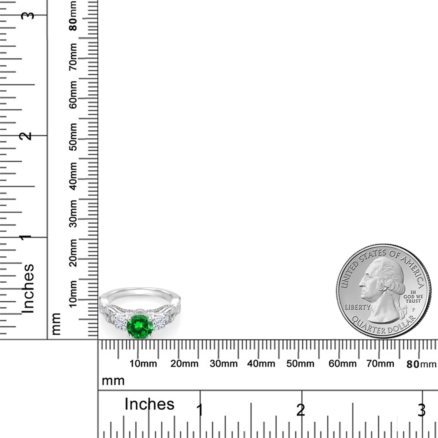 Gem Stone King 925 Sterling Silver Green Created Emerald and White Moissanite Engagement Ring for Women (1.47 Cttw, Gemstone May Birthstone, Round 6MM and 3MM, Size 8)