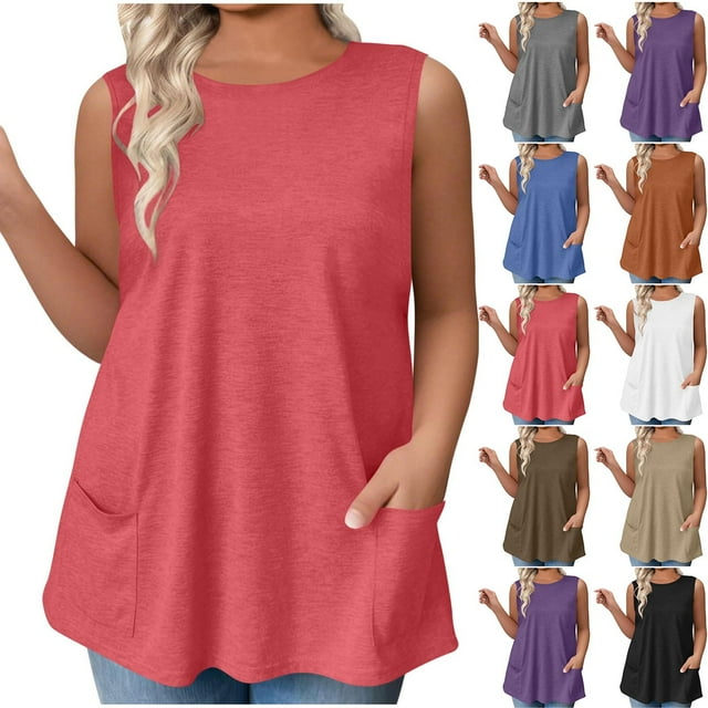 SYVGVA Womens Plus Size Top Sleeveless Solid Color Round Neck Blouse for Fall and Winter,Black,XXL
