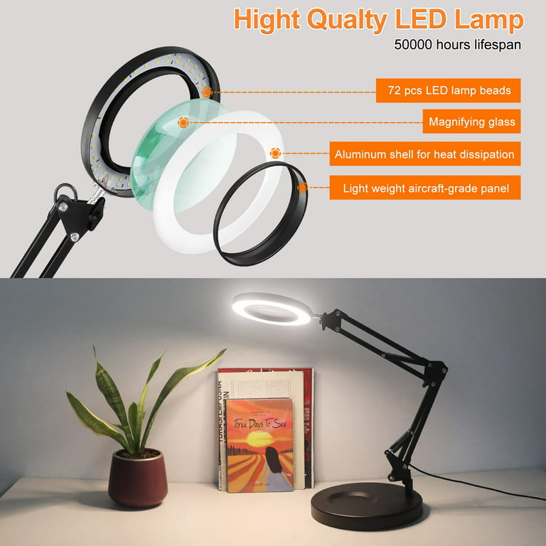 5x Magnifying Glass With Light With Clamp, 3 Color Modes Stepless Dimmable  Magnifying Lamp, 72 Leds Real Glass Lens Magnifier With Light And Stand For
