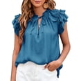 thumbnail image 2 of Camisa con cordón,Blusa con mangas con volantes en capas Tops con mangas con volantes y cuello en V Camisa con cuello anudado Solución innovadora, 2 of 6