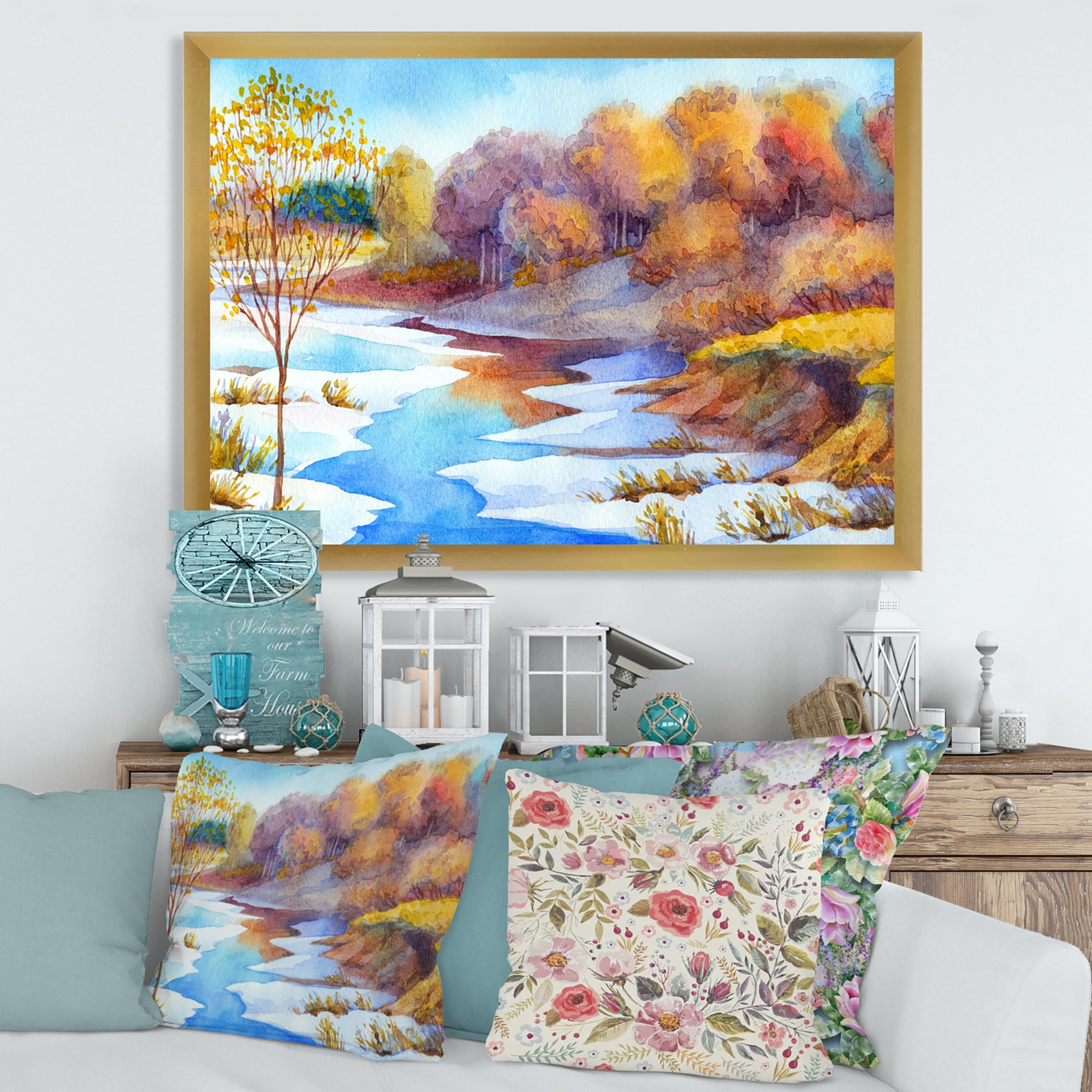 Designart 'Stream Though The Winter Forest Valley' Lake House Framed Art Print