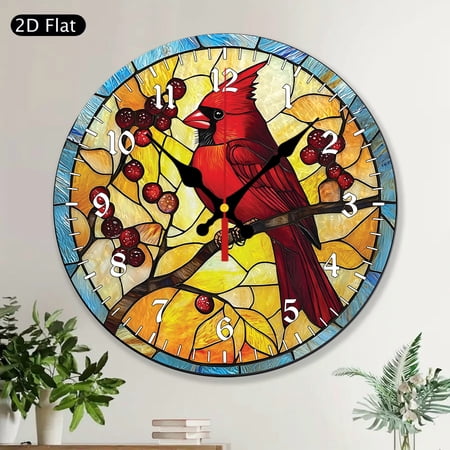 Round Wall Clock Stained Glass Style Cardinal Red Bird Colorful Decor MDF Wood Birthday Gifts for Women Men Wife Aunt Mom