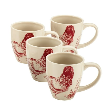- BonJour Dinnerware Chanticleer Country 4-Piece Stoneware Mug Set, Burgundy Red