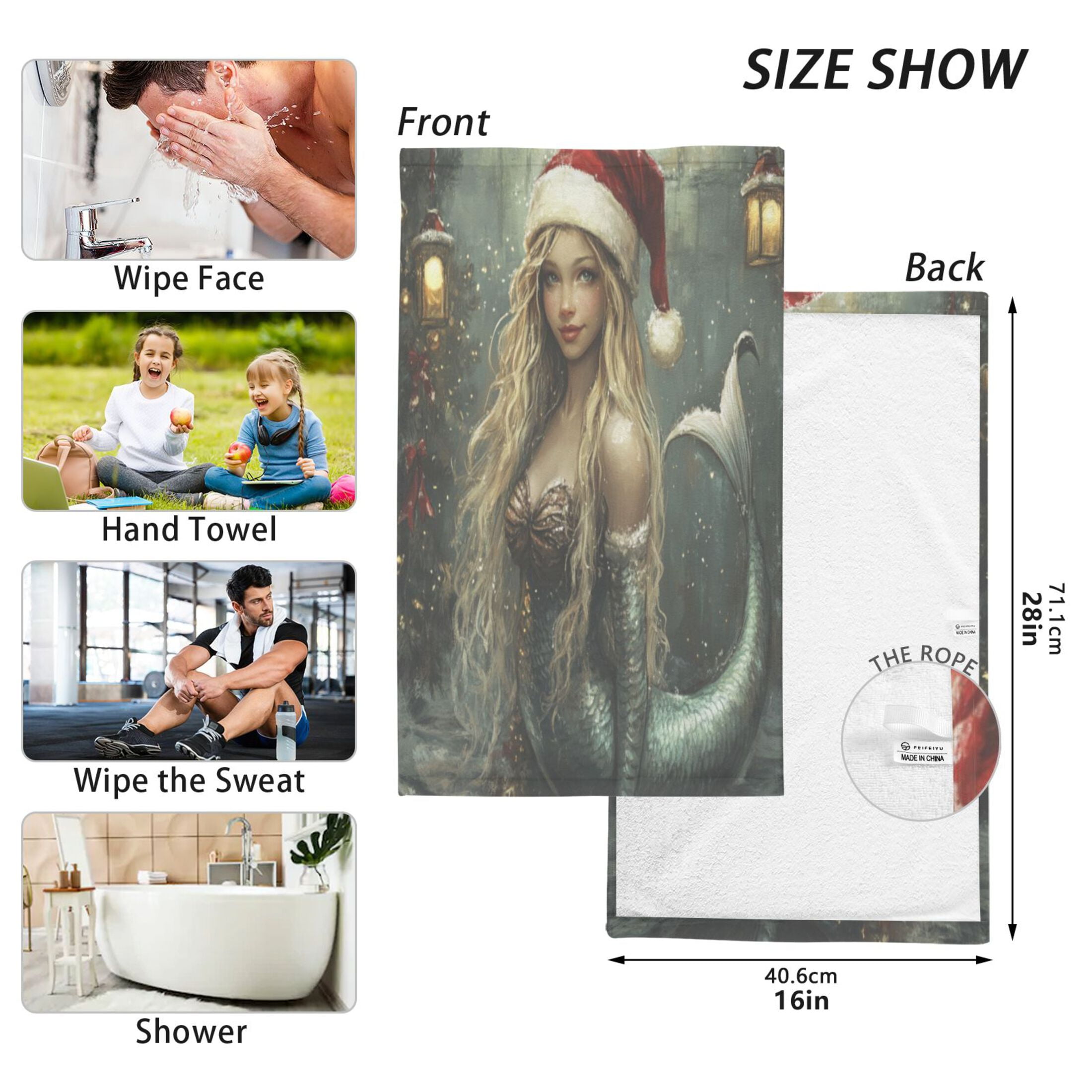Cotton Towel Two-Piece 16x28 Inch One Sizex2 Face Towel Set Towel Set Cotton Hand Bath Towel Bathroom Beach Christmas Mermaid