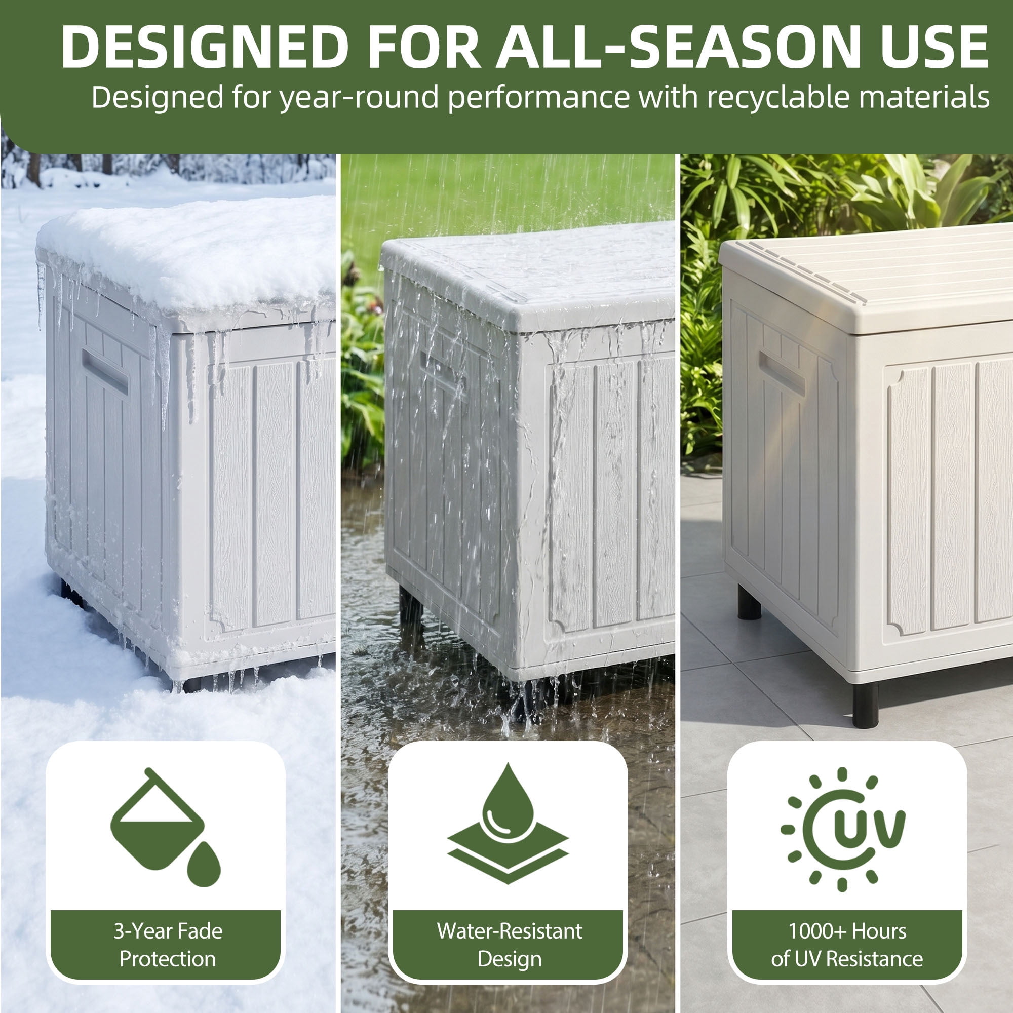 Uforic 90 Gallon Outdoor Storage Deck Box, Waterproof Lockable Resin Bin with Wheels, White