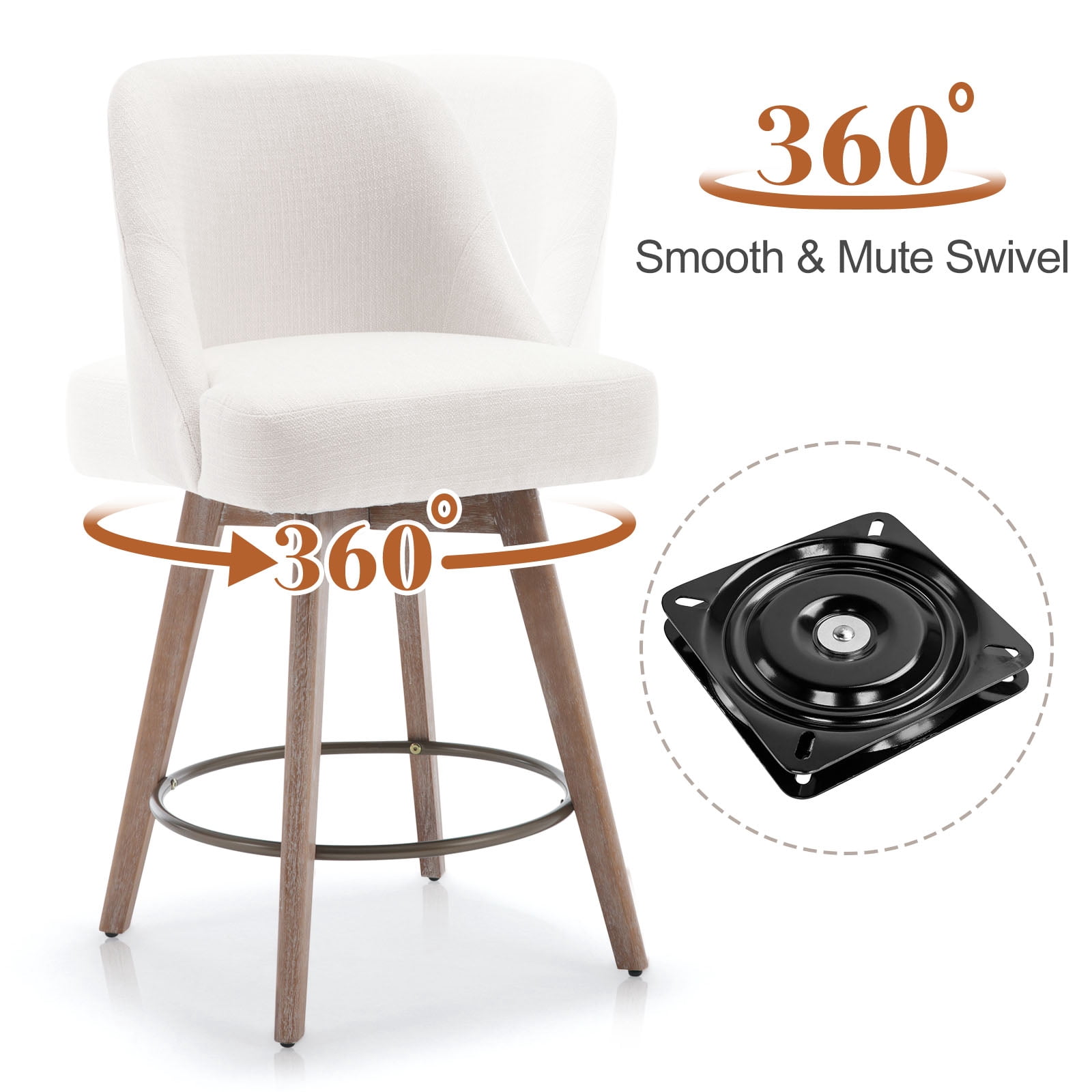ANMINY Counter Height Bar Stools Upholstered Linen Fabric Swivel Barstools, Set of 4, 26" Seat Height with Back Mid-Century Chairs Island Stools for Home Bar Kitchen Pub