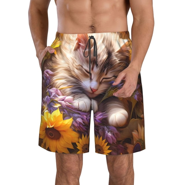 Fotbe Cute Cat Sunflower Trajes de Baño Estampados para Hombre, Shorts de Verano de Secado Rápido, Ropa de Playa, Bañadores-Medium